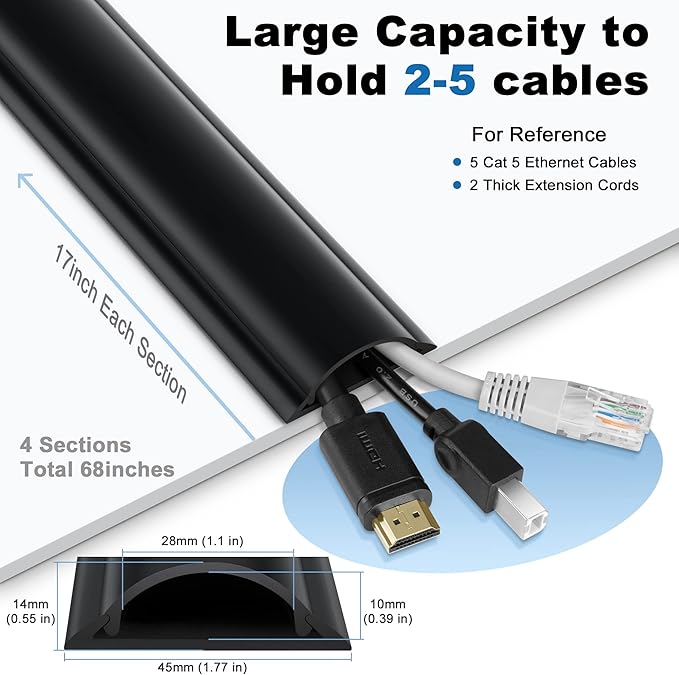 ZhiYo Cord Hider Floor 68in(4xL17in), Rigid PVC Floor Cord Cover, Hard PVC Floor Wire Cover, Floor Cable Cover for Cable Management Floor, Cable Floor Cover Black, Cord Cavity - 1in W x 0.35in H
