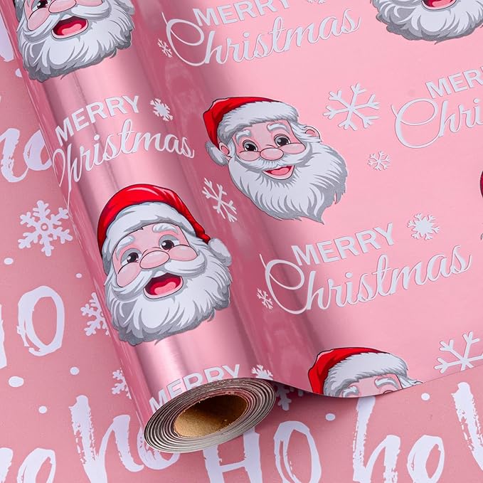 MAYPLUSS Pink Christmas Wrapping Paper Roll - 17IN X 33FT - Santa Claus Gift Wrapping Paper Featuring Merry Christmas Snowflake Reversible HO for Kids, Holiday, New Year