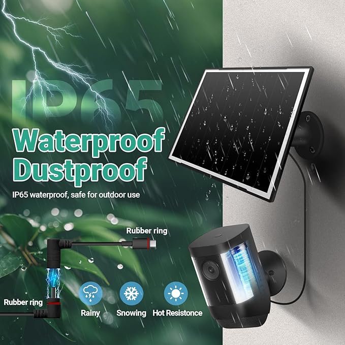 Solar Panel for Ring Camera, 8W High - Efficiency Solar Charger, Compatible with Stick Up Cam & Spotlight Cam (Battery) - Waterproof, 16ft Long Cable, USB-C & DC5V Ports, Sleek Black Finish