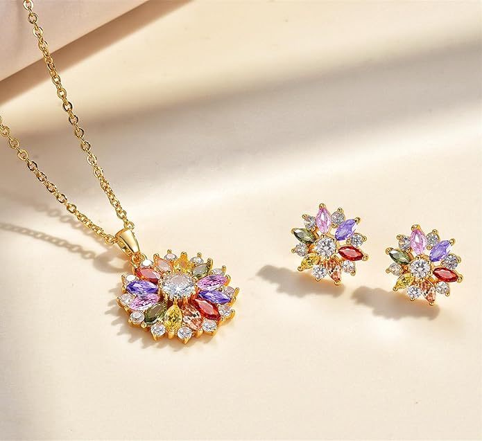 VONSSY Colorful Snowflake Pendant Necklace Earrings Rose Gold 5A Cubic Zirconia | Crystal Sweater Chain | Multi Gemstone Garnet Amethyst Morganite Peridot Prom Rhinestone Necklaces for Women Vintage Stylish Gift