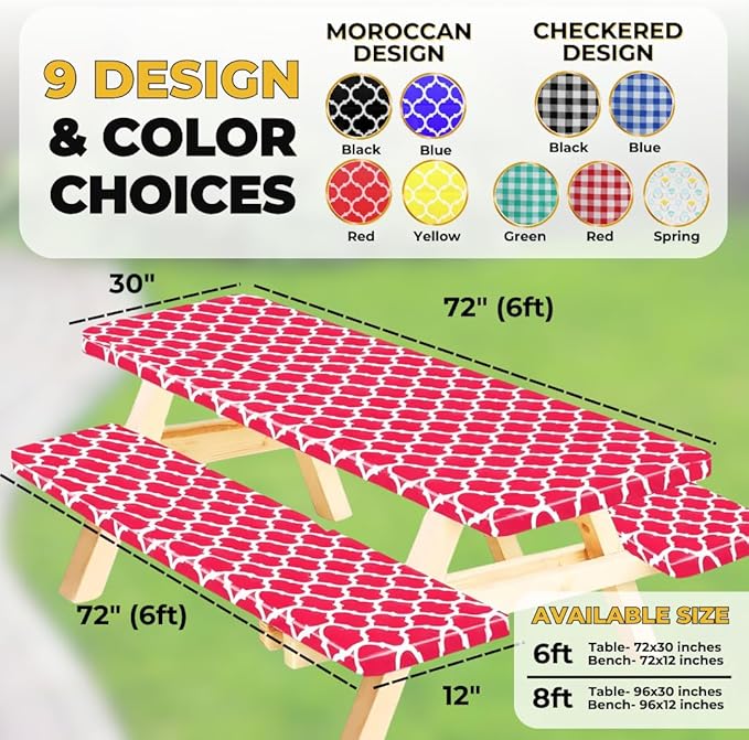 RNOONY Fitted Vinyl Picnic Table Cover with Bench Covers and Bag, 6ft Outdoor Waterproof Windproof Picnic Tablecloth with Elastic Edges. Camping RV Gear Must Have 72x30 Inches 3 Pcs Set (Red Moroccan)