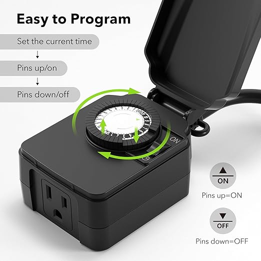 BN-LINK 24-Hour Mechanical Outdoor Light Timer, Waterproof, Heavy Duty, 15A 1/2HP, 1 Grounded Timer Outlet for Home and Garden,ETL Listed,2 Pack