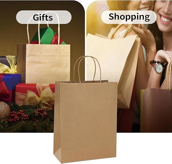 FACEBAG 100Pcs Brown Kraft Shopping Bags 10x5x13Inches Brown Paper Bags with Handles Bulk, for Merchandise,Party Favor, Retail,Gift Bag,Reusable & Durable