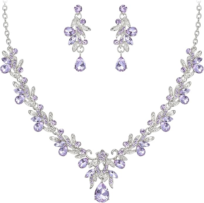 BriLove Women's Wedding Jewelery Set Leaf Flower Crystal Teardrop Marquise Cluster Pendant Necklace Dangle Earrings for Bridal Party