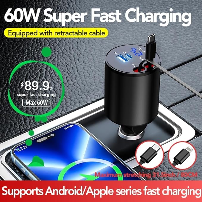 Retractable Car Charger, 4 in 1 Super Fast Car Phone Charger 60W, 2 Retractable Cables and 2 USB Ports Car Charging Adapter,Compatible with iPhone 16/15/14/13/12/11,Air-Pods 4,Galaxy,Pixel