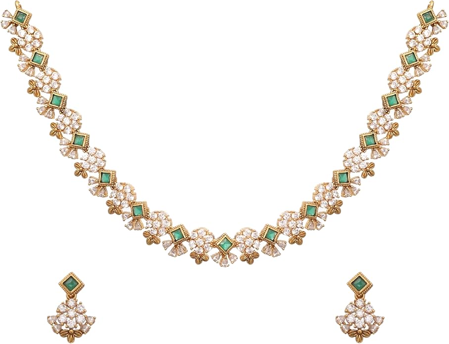 TARINIKA Green and White Cubic Zirconia(CZ) Indian Necklace Set with Earrings, Gold Plated Brass Fashion Indian Jewelry Gift for Women Bollywood Costume Jewellery
