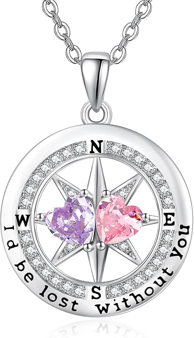 Compass Necklace for Women, Exquisite S925 Valentines Day Anniversary Birthday Gifts for Wife Her Double Birthstone Pendant Jewelry ‘I'd be Lost Without You’