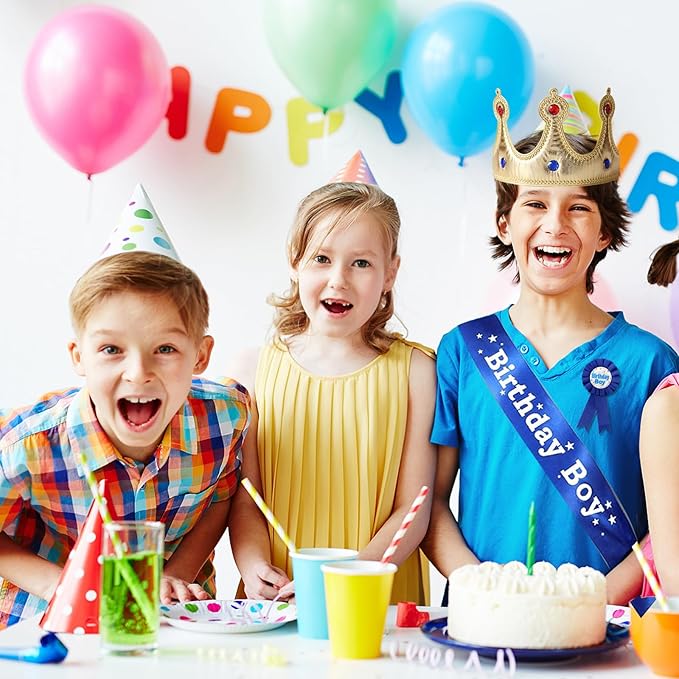 Birthday Boy Sash Hat Button Pin Accessory, Birthday King Crown Party Set, Photo Props for Boys' Theme Party Decoration