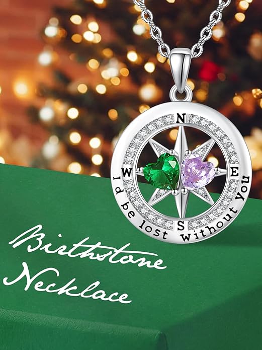 Compass Necklace for Women, Exquisite S925 Valentines Day Anniversary Birthday Gifts for Wife Her Double Birthstone Pendant Jewelry ‘I'd be Lost Without You’