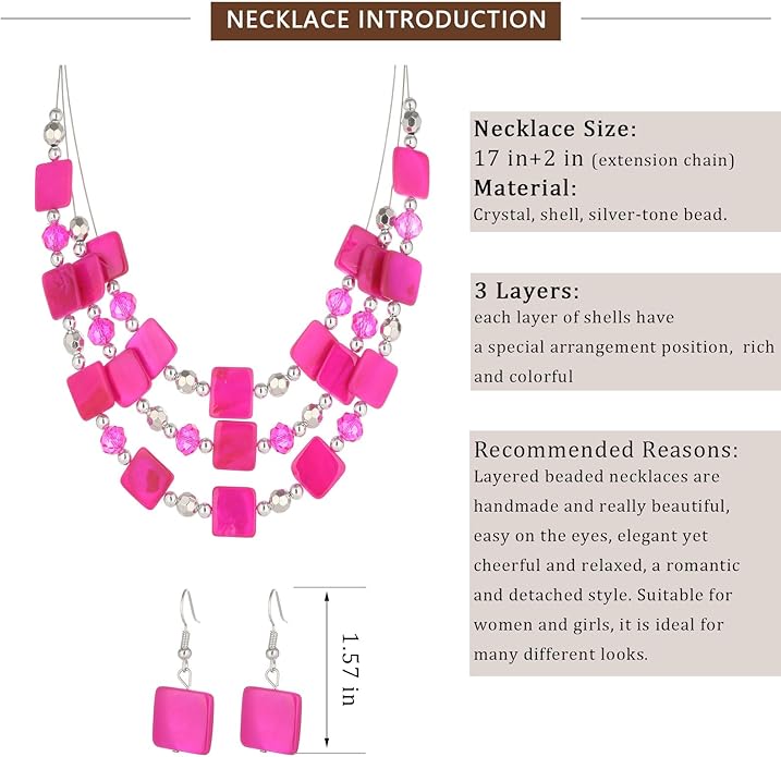 Layered Beaded Statement Necklaces for Women Square Shell Bead Collar Necklace and Earring Set Birthday Gifts Boho Jewelry Sets for Women
