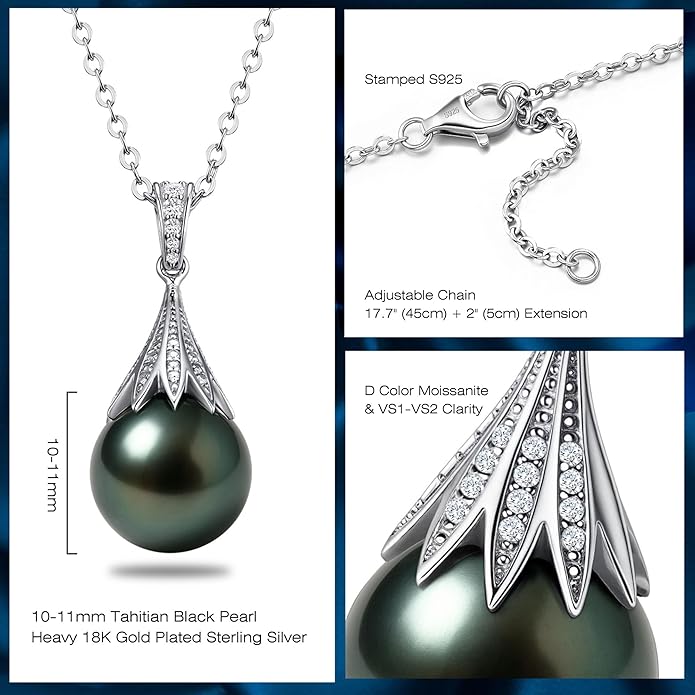 Genuine Tahitian Black Pearl Necklaces for Women, 9-12mm AAAA Seawater Pearl - Sterling Silver Moissanite Pendant, Wedding Anniversary, Birthday, Christmas Gift for Wife, Mom, Girlfriend, Fine Jewelry