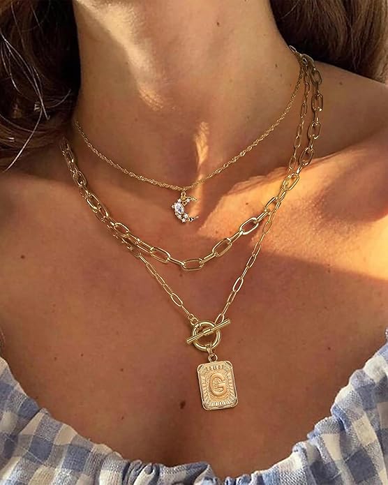 MJartoria Layered Initial Necklaces for Women Trendy, 14K Gold Plated Brass Simple Moon Choker Square Letter Pendant Necklace, Paperclip Chain Necklaces Jewelry Gifts