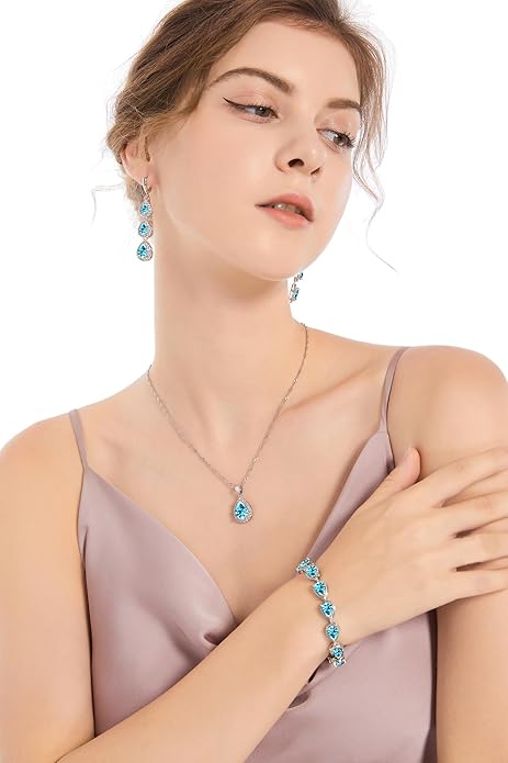 LMXXVJ Necklace Long Earrings Bracelet Set, White Gold Plated Created Blue Sapphire Jewelry Set Wedding Party Gift Jewelry for Women Bridal Bridesmaid