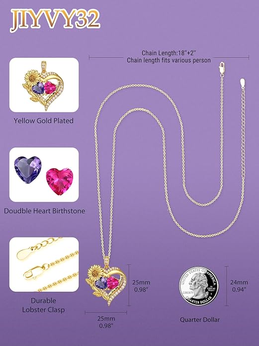 Sunflower Heart Necklace for Women 14K Gold Exquisite Valentines Day Anniversary Birthday Gifts for Wife Mother Her Double Birthstone Pendant Jewelry‘You Are My Sunshine’