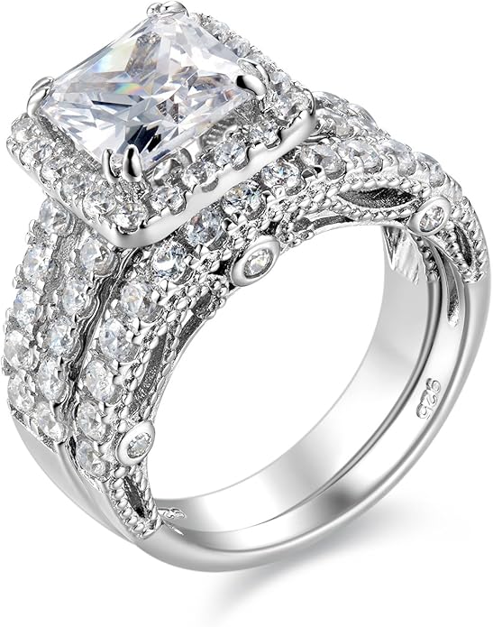 Wuziwen Princess Cut Engagement Rings for Women Sterling Silver Cubic Zirconia Wedding Bridal Ring Set