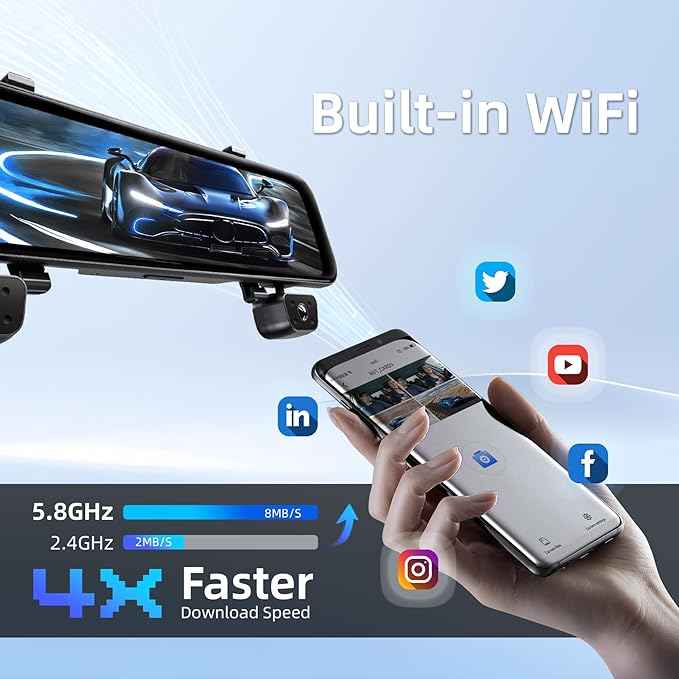 2025 Rear view Mirror Camera,4 Channel Mirror Dash Cam Front and Rear,24/7 Recording Rearview Mirror Backup Camera for Cars & Trucks,12" Touch Screen,Built-inWiFi,GPS,IR Night Vision,Free 64GB SD Card