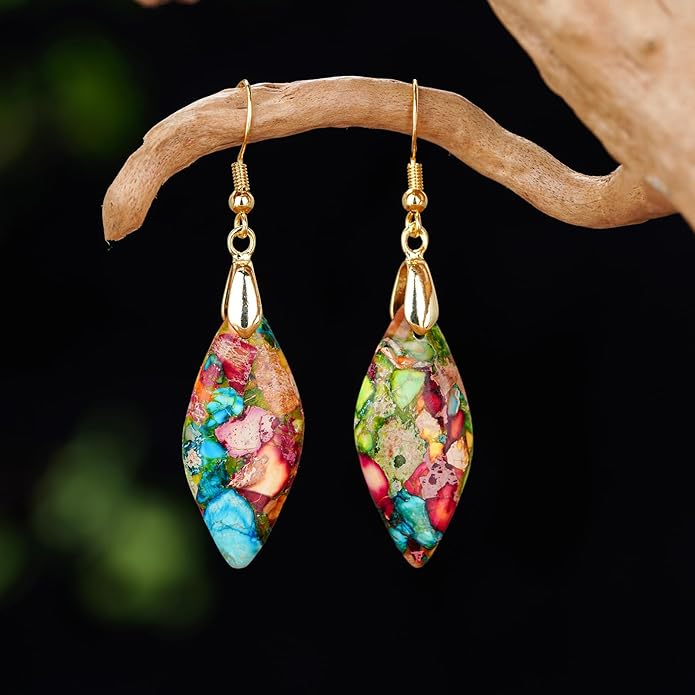 Boho Women Natural Stone Earrings Unique Healing Imperial Jasper Gemstone Energy Hypoallergenic Lightweight Dangle Drop Earrings Multiple Styles Earrings Jewelry for Birthday Party Gift