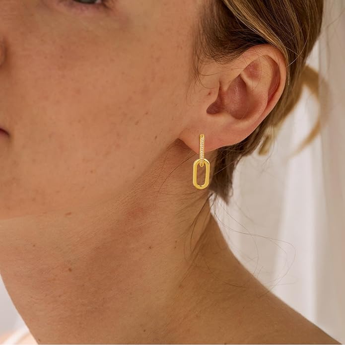 Gold Earrings for Women Trendy, Simple Dainty 14K Gold Plated Paperclip Square Chain Link Dangle Hoops Earrings Pin Stud Huggie Earrings Lightweight Hypoallergenic Minimalist Aesthetic Gold Jewelry for Christmas Gifts