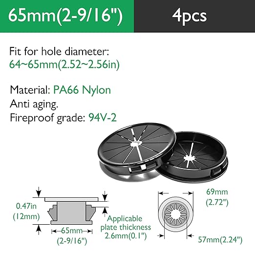 4PCS Cable Grommets, 2-9/16"(65mm) Desk Hole Cover Petal Shaped Buckle Type Nylon Snap Bushing Grommet, Wire Hole Cover Insert for Cables and Cords Management and Protection of Cabinet, Black