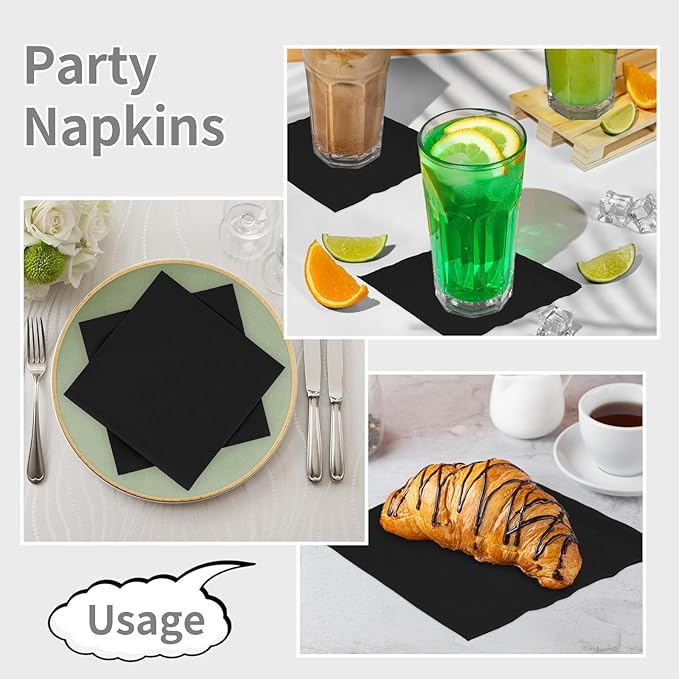 100 Pack Cocktail Napkins Disposable, 2-Ply 5" x 5" Party Napkins, Square Beverage Dinner Napkin for Wedding Birthday Party Anniversary Reception Bar Event (Black)