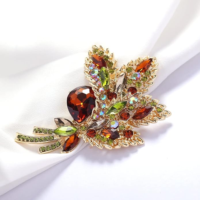 YOQUCOL Big Large Brooch Pin Austrian Crystal Leaf Shape Bouquet Rhinestone Scarf Decoration Wreath Cloth Brooches Pins For Women Girls
