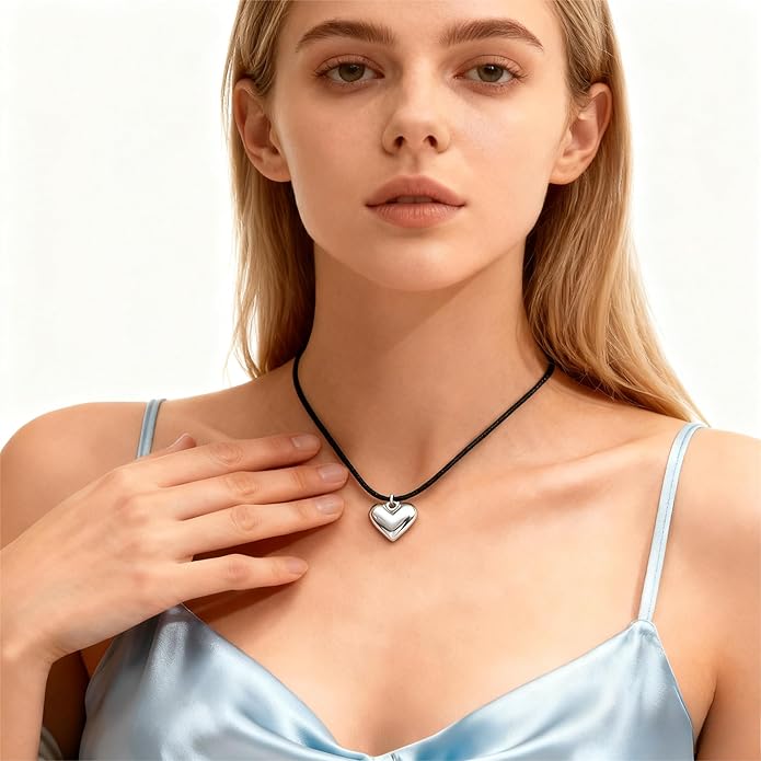 Black Cord 18K Gold Plated/Silver Heart Choker Necklace | Hypoallergenic Vibrant All-match Attractive Black String Love Necklace | Ingenious Design Emo Choker Necklace for Ladies