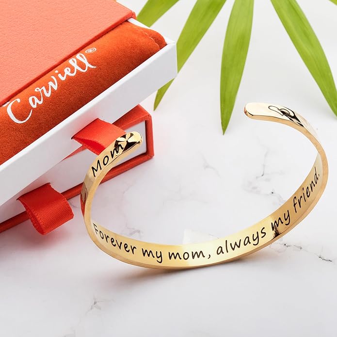 Carviell Engraved Cuff Bracelets for Women – Inspirational, Friendship, Love, Mom, Daughter, Sister, Christian, Graduation, Memorial & Wedding Gifts – 80+ Phrases – Stainless Steel, Gift-Ready