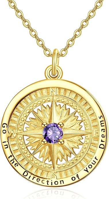 KINGWHYTE Graduation Gifts Birthstone Necklace for Women 925 Sterling Silver Compass Pendant Go in the Direction of your Dream Travel Jewelry Birthday Gift for Her
