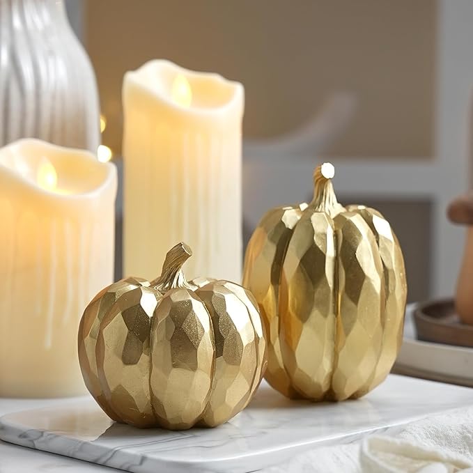 Pumpkin Decor Fall Decoration, Gold Pumpkins for Decorating, 2Pcs Resin Artificial Pumpkin Figurine Mantel Decor, Thanksgiving Autumn Harvest,Wedding