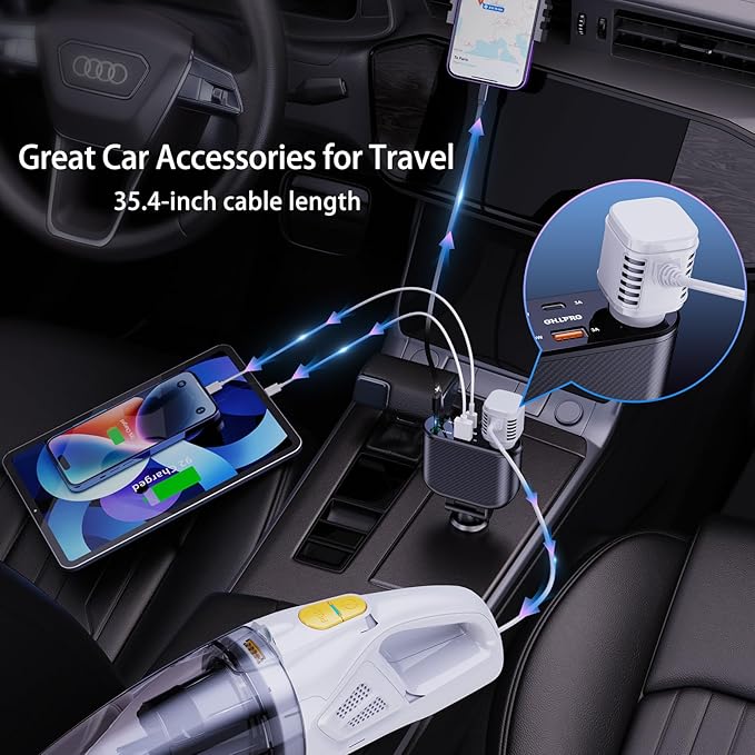 OHLPRO Retractable Car Charger Cigarette Lighter Adapter, 168W 5 in 1 Fast Phone Charging Built-in Replaceable Fuse, Socket Splitter with USB C and USB i Cord, Fit for Phone, iPad, Galaxy, GPS