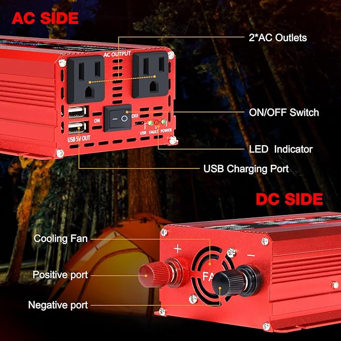 LVYUAN 500W Car Power Inverter 12V to 110V DC to AC with 2 US Sockets, Cigarette Lighter, LCD Display, USB Ports for Car, Home,Outdoor, Camping