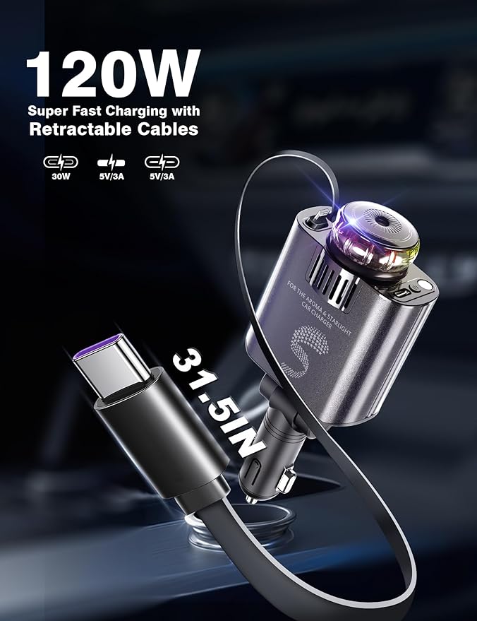 Retractable Car Charger USB C Fast Charging 120W, Car Accessories Cigarette Lighter Adapter with Aromatherapy Starlight, Car Charger iPhone16 15 14 13 12 11 Essentials Gift for Travelers, Men, Women