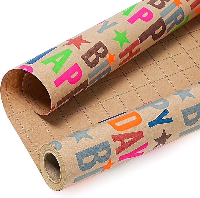 WRAPAHOLIC 30 Inch Jumbo Kfaft Birthday Wrapping Paper Roll - 30 Inch x 33 Feet - Colorful Happy Birthday Wrapping Paper for Girls Boys Kids, Baby Shower, Party