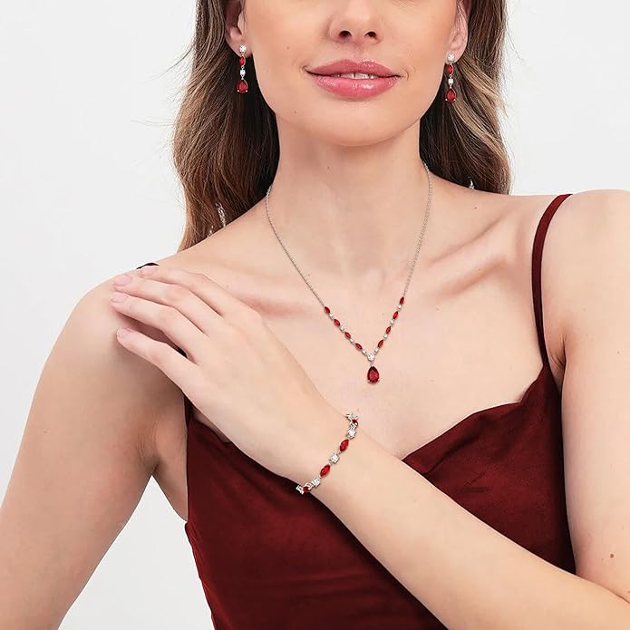 Crysdue Teardrop Bridal Jewelry Set for Wedding Party, Silver/14K/Rose Gold Plated Prom Costume Jewellery for Bride Bridesmaids Women, Cubic Zirconia Necklace Dangle Earrings Bracelet
