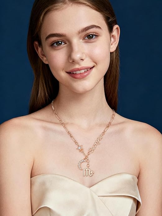 14K Gold/Rose Gold Zodiac Necklace for Women - Horoscope Constellation Pendant with Moon and Star, Luxury Birthday Gifts Jewelry for Her (12 Zodiac Signs)