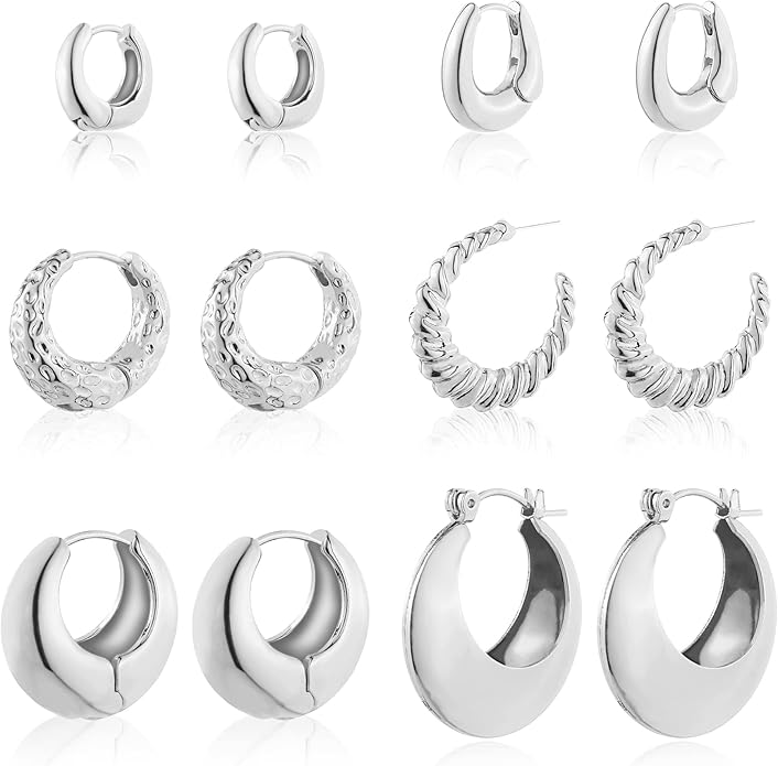 Wgoud 6 Pairs Gold Hoop Earrings Set for Women, 14K Gold Plated Hypoallergenic Lightweight Chunky Open Huggie Hoops Earrings Jewelry for Gifts.