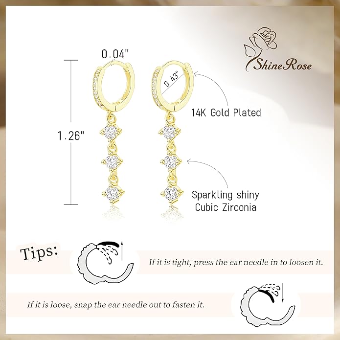 Dangle Earrings For Women Trendy 14K Gold Plated Drop Silver Long Dangling Dainty CZ Simple Hanging Jewelry
