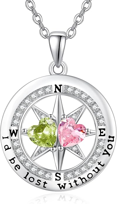Compass Necklace for Women, Exquisite S925 Valentines Day Anniversary Birthday Gifts for Wife Her Double Birthstone Pendant Jewelry ‘I'd be Lost Without You’