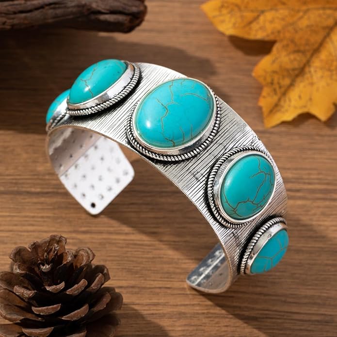Turquoise Bracelet for Women – Bohemian Western Cuff Bangle, Vintage Cowgirl Jewelry for Rodeo, Country Concert, Rustic Boho Accessories