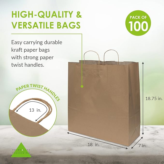 Prime Line Packaging Brown Paper Bags, Extra Large Gift Bags wth Handles for Small Business, Shopping, Boutique & Grocery Use, Retail Store, Bulk, 18x7x18.75, 100 Pack