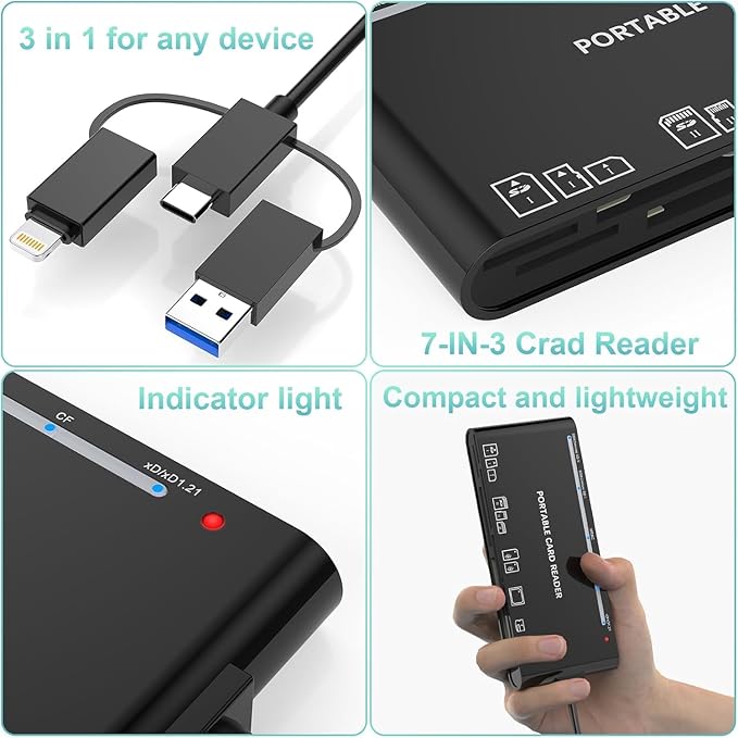 Memory Stick Pro Duo Adapter, Memory Card Reader for MS/XD/CF/SD Card - 7-in-1 Card Reader/Adapter for Windows, Mac, iOS, Android(USB-A + USB-C + Lightning)
