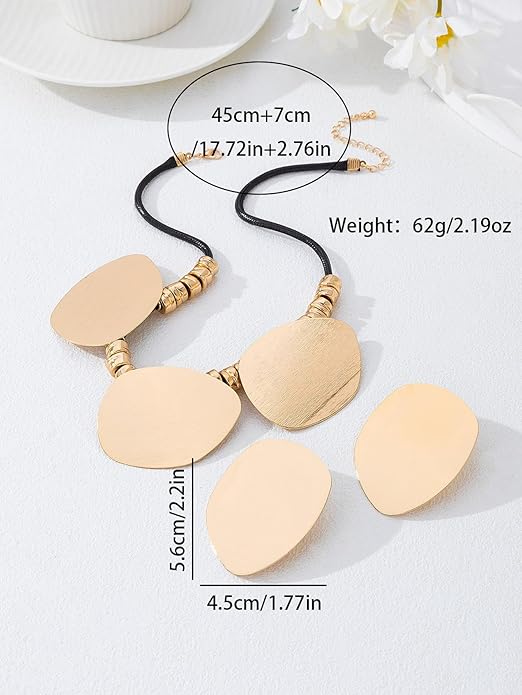 Chunky Gold Statement Necklace Earring Set for Women Minimalist Irregular Round Earrings Vintage Leather Big Golden Geometric Oval Choker Necklaces Trendy Party Jewelry Set for Women