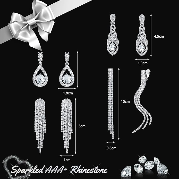 THUNARAZ 4 Pairs Silver Clip on Earrings for Women, Sparkly Rhinestone Tassel Chandelier Teardrop Dangle Earrings for Brides Bridesmaids Non Pierced Prom Jewelry Set