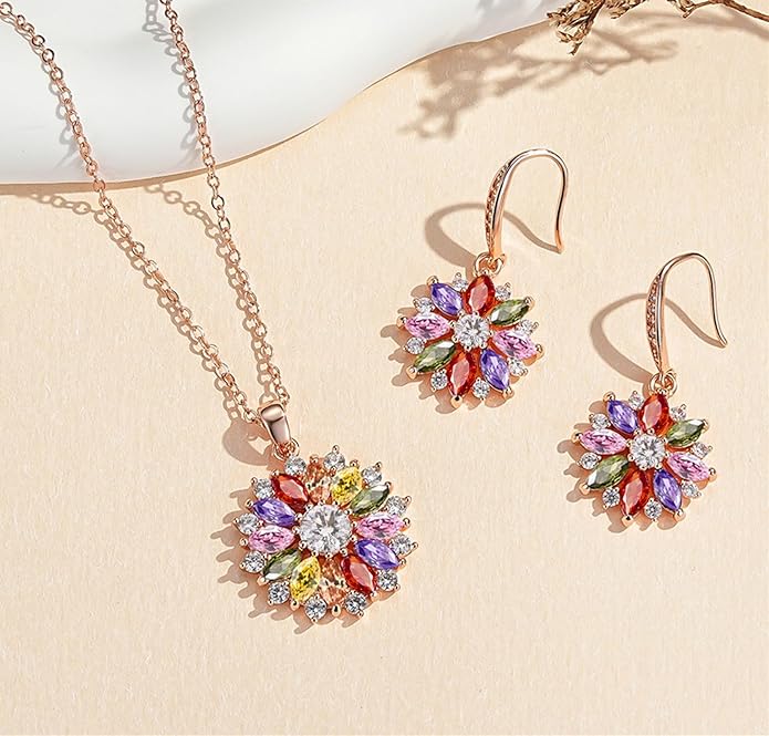 VONSSY Colorful Snowflake Pendant Necklace Earrings Rose Gold 5A Cubic Zirconia | Crystal Sweater Chain | Multi Gemstone Garnet Amethyst Morganite Peridot Prom Rhinestone Necklaces for Women Vintage Stylish Gift