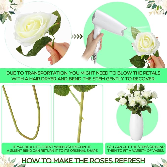Hotop 80 Pcs Rose Artificial Flowers Bulk with Long Stem, Silk Roses Realistic Fake Flowers Bouquet for Wedding Table Centerpieces Bridal Shower Party Home Decorations(White)