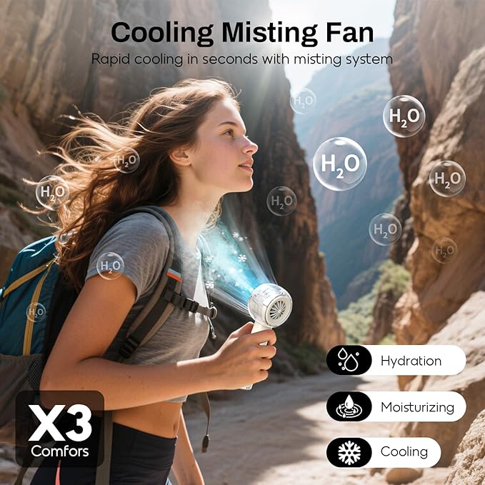 Misting Portable Handheld Fan, Powerful Turbo Motor, 6000mAh Rechargeable Battery, Personal Mini Fans with 4 Strong Wind, Cooling Gadgets for Travel, Camping, Beach, Outdoor, Gifts for Women Men-Ivory
