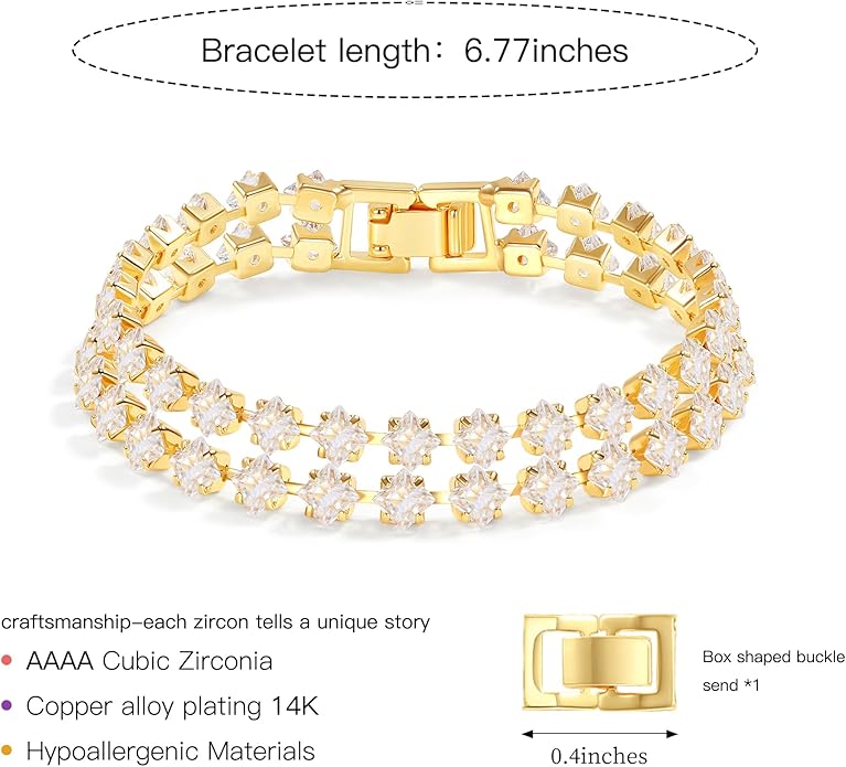 14K Gold Plated Tennis Bracelet for Women – Classic CZ Link Design, Fits 6.0"–7.2" Wrists – Stylish Sparkling Jewelry Gift, Timeless Tennis Bracelets for Women