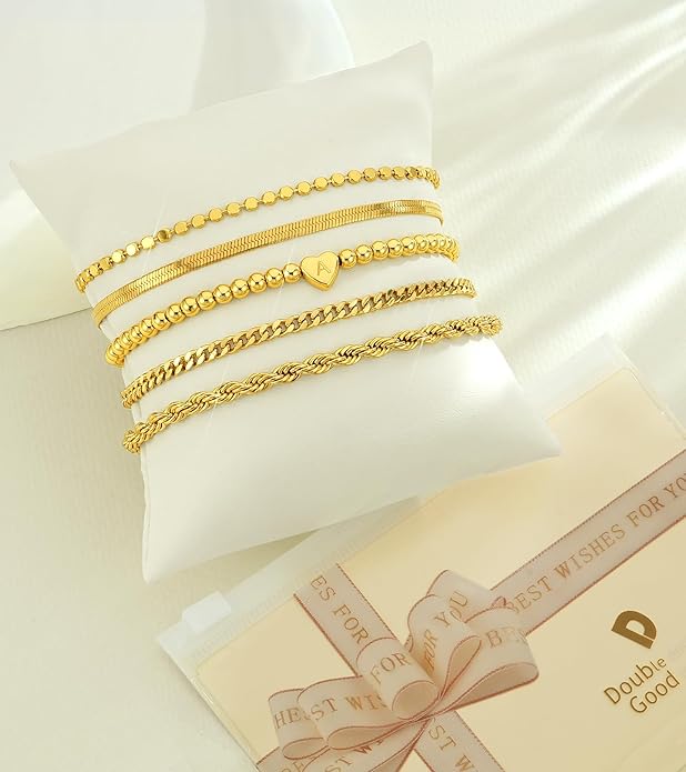 doubgood Valentines Day Gifts for Her - Gold Bracelets for Women Waterproof Stackable Heart Initial Link Charm Bracelets Set A-Z Letter 14K Gold Plated Adjustable Chain Stack Jewelry Gifts for Women