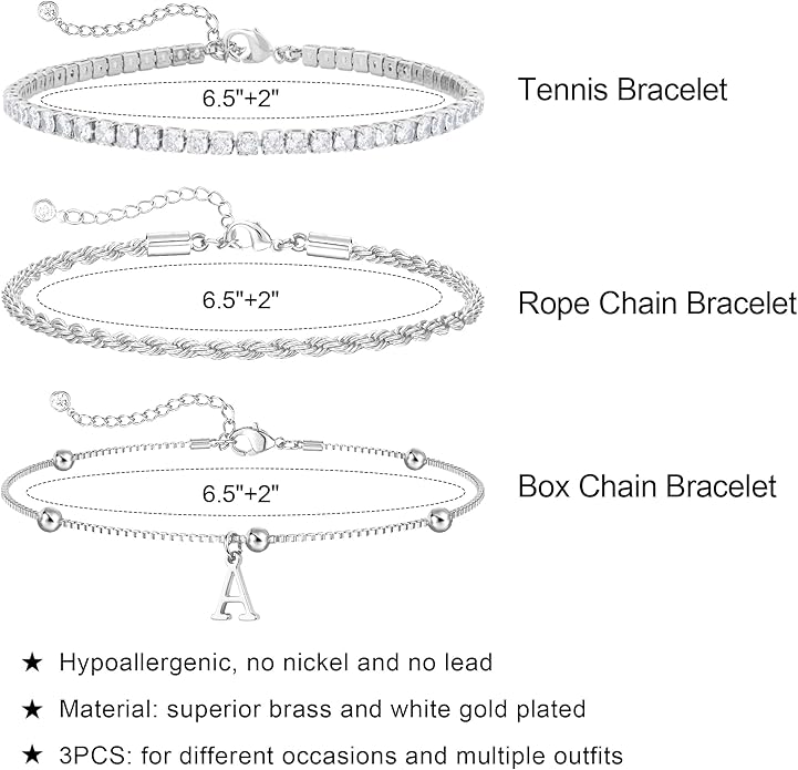 Valentines Day Gifts for Her Kids - Dainty Gold Bracelets for Women Personalized Gold/Silver Initial Bracelet Stack Stackable Rope Box Chain Tennis Bracelets for Girls Jewelry Set