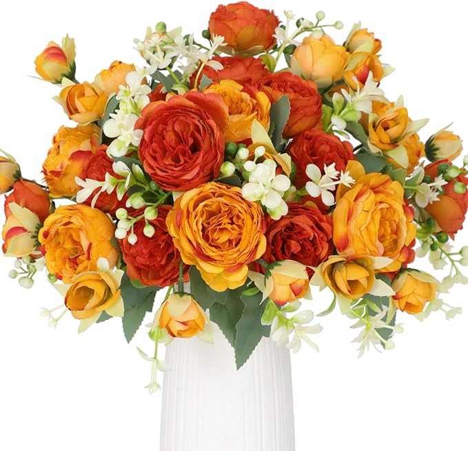 Floweroyal 4 Bunches Peony Artificial Flowers Orange Yellow Flowers Silk Peonies Bouquets for Wedding Party Table Centerpieces Floral Arrangement Home Kitchen Decor